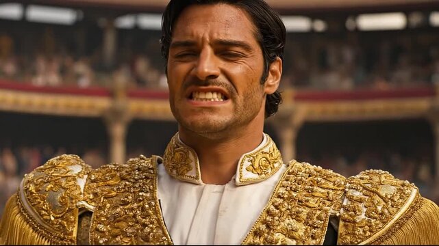 A confident matador in ornate costume stands in a vibrant arena.