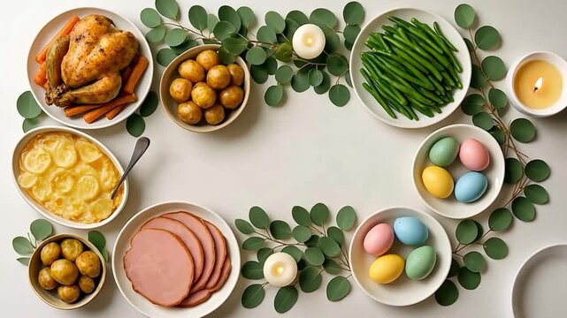 Festive holiday meal setting with roasted chicken, sliced ham, potatoes, green beans and colorful easter eggs