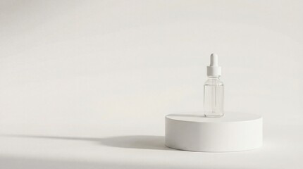 A clear cosmetic serum bottle with a white dropper top resting on a circular white pedestal