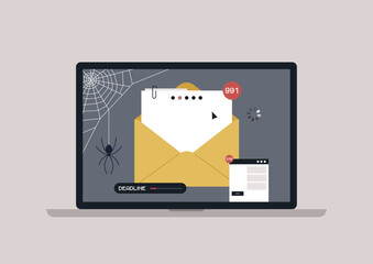 A laptop screen displays a tangled web, a sign of neglect, with unread messages piling up and a looming deadline, The unsettling presence of a spider adds to the feeling of anxiety.