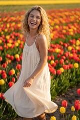 Happy Young Woman with Curly Hair in White Summer Dress, Laughing and Spinning Amidst a Vibrant Field of Red and Yellow Tulips on a Sunny Day in Spring