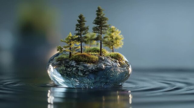 A small island features tiny trees surrounded by water. The clear water reflects the miniature landscape created by the trees and greenery.