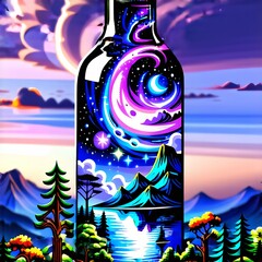 Cosmic Bottle Surrounded Dreamy Landscape Scene
