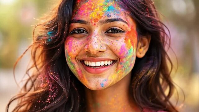 Happy young indian womans face covered in colorful powder during holi celebration from different perspectives for holiday card