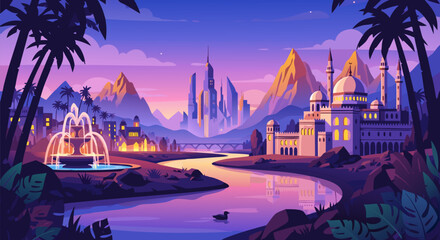 Vibrant futuristic city and ancient architecture blend harmoniously in a stunning sunset landscape, a captivating vector illustration
