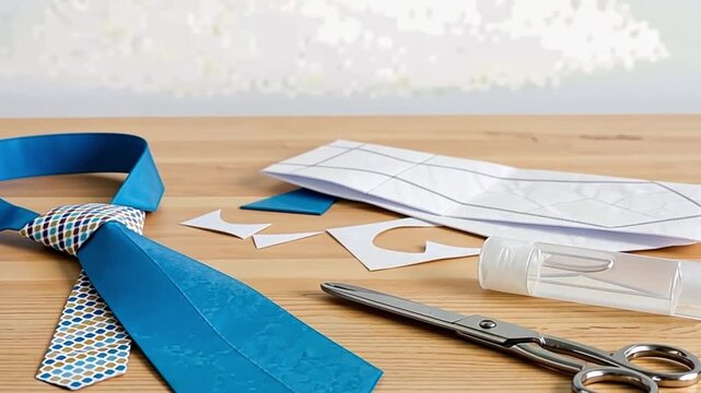Paper craft tie, template, scissors, and paper scraps on a wood table, creative project for Fathers Day