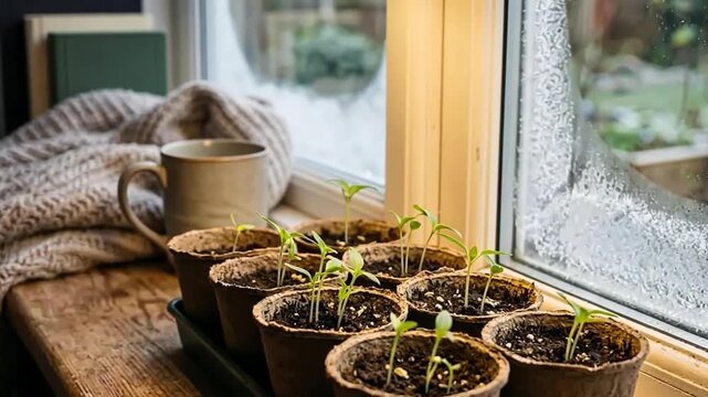 Seedlings growing in peat pots on a windowsill next to a warm blanket and mug, with a frosty winter outdoor view