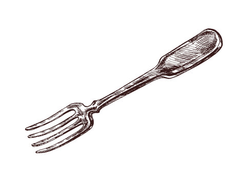 Hand drawn vintage sketch of antique fork with engraved handle in monochrome and colored version, isolated vector illustration