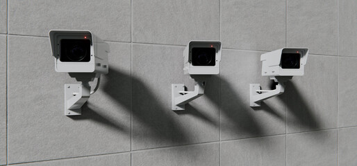 Three security cameras, surveillance mounted on wall, total control background