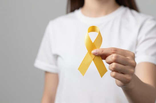 Woman holds yellow ribbon, symbol of support for suicide prevention, childhood cancer and endometriosis awareness
