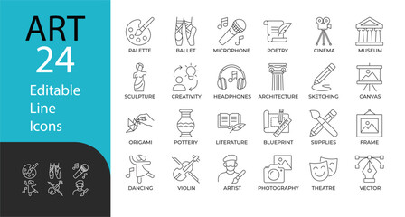Art and creativity line icon set. Contains symbols for music, dance, painting, literature, cinema, and design. Editable stroke vector outline for branding, education, and creative projects. © MstRumana