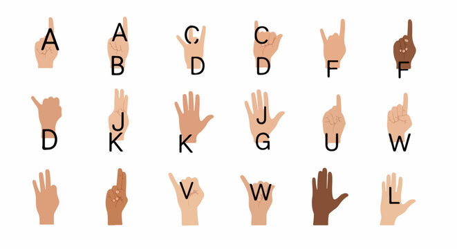 Sign language alphabet gestures illustrating diverse hand shapes for communication. Sign language alphabet provides visual representation of each letter for deaf education.