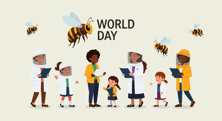 Fototapeta premium World Bee Day illustration shows diverse adults and children in beekeeper suits. Educational World Bee Day scene features flying honeybees, symbolizing apiculture, pollination.