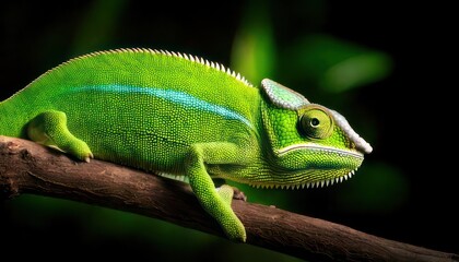 Vibrant green chameleon perched on a branch detailed nature photography