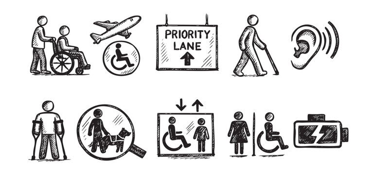 Collection of sketch-style pictograms for accessibilities and disabilities. Includes wheelchair, blind, and hearing impairment. Great for awareness campaigns, signage, and website design.