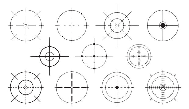 Compilation of crosshair sights and targeting reticles for aiming and focus in optical devices