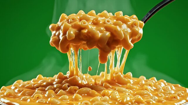A close-up shot of macaroni and cheese being lifted on a spoon, with stringy cheese
