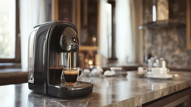 The sleek coffee machine sits on a marble countertop. A cup fills with coffee from the coffee machine in a warm, inviting kitchen setting.