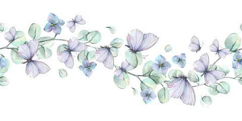 A floral garland of eucalyptus branches with lilac butterflies in soft pastel shades. Hand-painted watercolor illustration. A seamless wave border pattern for spring holiday and wedding designs. © NATASHA-CHU
