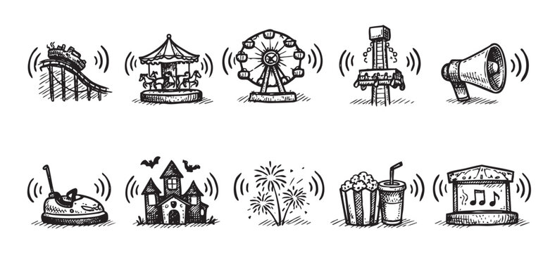 Hand-drawn style vector illustration featuring various amusement park attractions accompanied by sound wave icons. Perfect for event promotion, flyers, posters, and themed graphics.