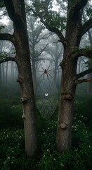 Eerie forest spider web with dew drop and arachnid suspended