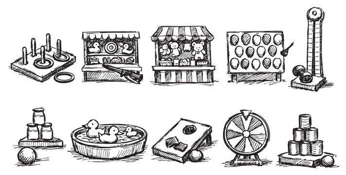 A sketched illustration of classic carnival games: ring toss, duck pond, high striker, wheel of fortune, etc. Ideal for themed posters, invitations, or event graphics.