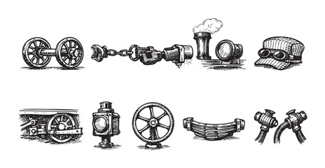 Obraz premium Hand-drawn illustration of various steam train components. Black and white style, vintage aesthetic. Suitable for design elements, historical themes, railway content, steampunk.