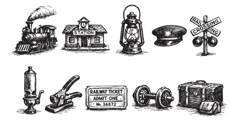 Obraz premium Detailed black and white sketch of railway symbols. Includes a steam train, station, signal and accessories. Ideal for illustrating transportation, travel, and vintage concepts.