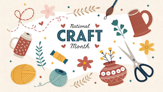 National craft month flat vector illustration with creative culture elements and colorful craft supplies