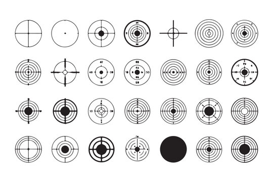 Vintage target illustrations with varied concentric rings and numbered zones for sport and training