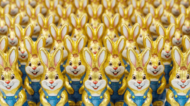Viele Schokoosterhasen stehen dicht in mehreren Reihen
