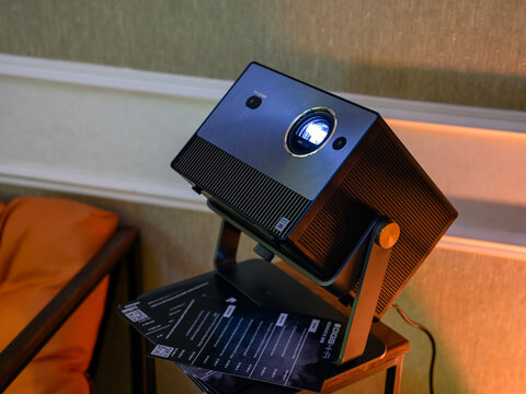 Moscow, Russia - October 20, 2024: Hisense C1 laser projector on a Hisense HSD6H stand