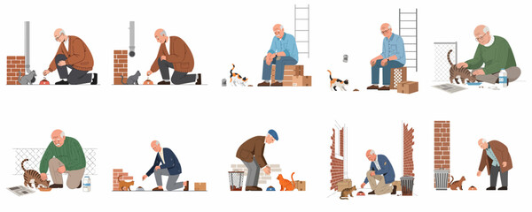 Compilation of scenes showing compassionate elderly men feeding and caring for feral and stray cats in poor urban environments. © dewi