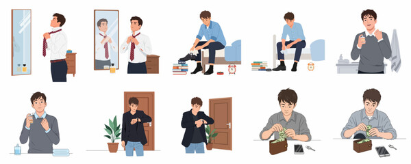 Fototapeta premium Young man's detailed morning routine preparing for work, including dressing, grooming, polishing shoes, checking time, and managing money before leaving home.