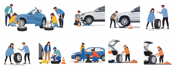 Fototapeta premium Collection of vector illustrations showing people changing car tires, performing roadside repair, using jacks, wrenches, and spare tires for vehicle maintenance.
