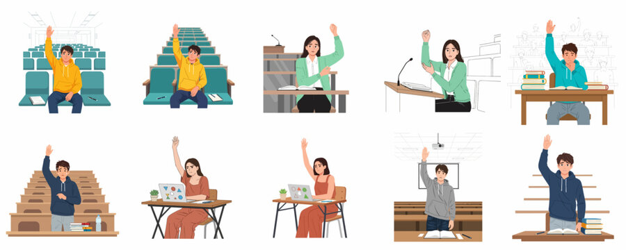 Collection of students raising hands in classrooms and lecture halls, expressing participation, asking questions, or seeking help during educational sessions.