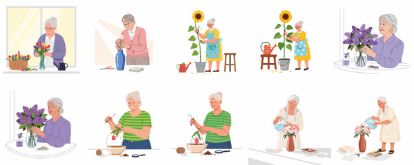 Fototapeta premium Happy Senior Women Engaged in Floral Hobbies: Arranging Tulips, Lilacs, Sunflowers, and Peonies, Gardening, and Plant Care.