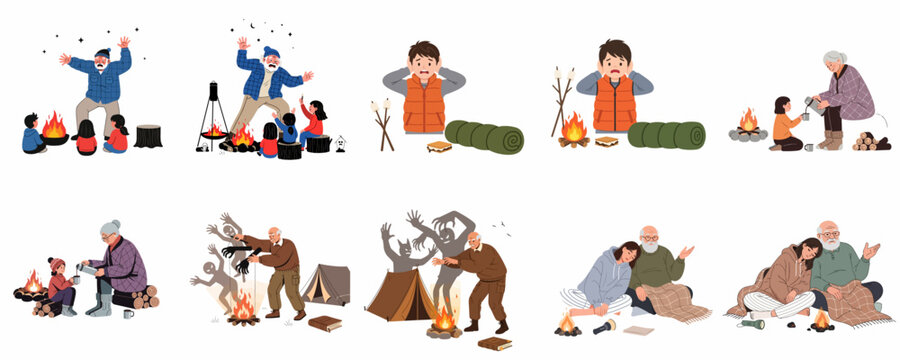 Vector illustration set of family and friends camping, telling scary stories around the bonfire, and seeking comfort outdoors.