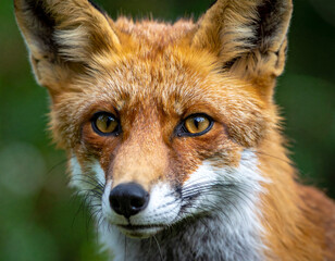 Fototapeta premium A fox is looking at the camera. Its eyes are yellow. The fox has a white nose
