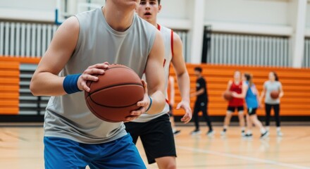 Naklejka premium Teenage basketball players in action during a competitive indoor game on a wooden court