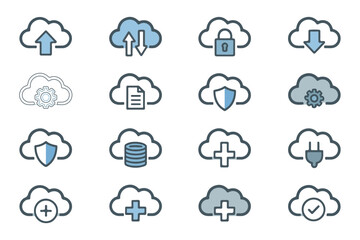 Obraz premium Cloud computing vector icons with blue accents for modern web and app interface designs