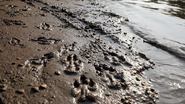 Muddy, brown earth showing tire tracks, animal prints, and meeting a gently lapping waterline