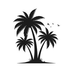 Fototapeta premium Tropical island silhouette with palm trees and birds flying in the sky