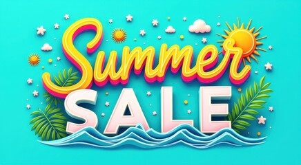 A colorful summer sale sign with palm leaves and stars sale discount concept