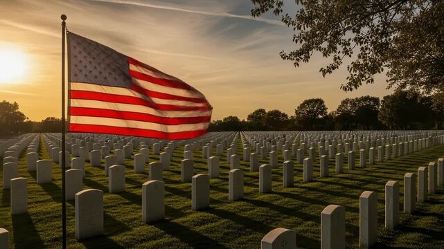 American Flag Waving Over Military Cemetery at Sunset.