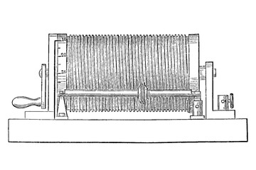 Wheatstone rheostat with sliding contact and resistance coils, showing 19th century electrical engineering innovation and variable resistance device documentation, old vintage illustration, 1895.
