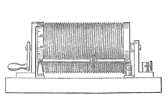 Wheatstone rheostat with sliding contact and resistance coils, showing 19th century electrical engineering innovation and variable resistance device documentation, old vintage illustration, 1895.