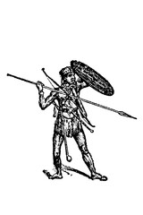 A Galla warrior from Nubia armed with spear, bow, shield and club with round tip, showing East African tribal military equipmen, old vintage illustration, 1897.