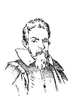 Galileo Galilei (1564-1642) with astronomer's features and Renaissance attire, showing scientific revolution pioneer iconography, old vintage illustration, 1897.