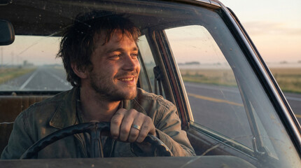 A happy young man with a slight smile drives a vintage car down a rural highway, his face illuminated by the warm light of a beautiful sunrise or sunset.